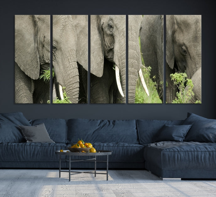 Three Elephant Wild Animal Wall Art Canvas Print Framed Piece Ready to Hang