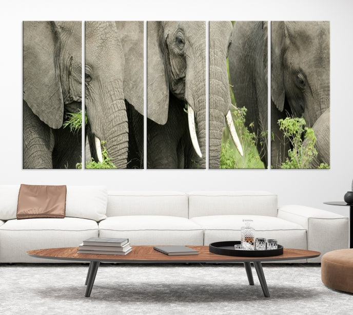 Three Elephant Wild Animal Wall Art Canvas Print Framed Piece Ready to Hang