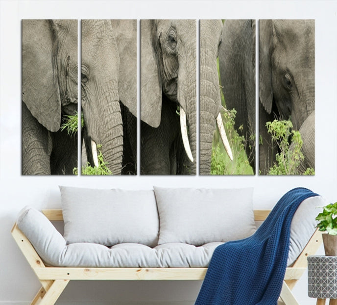 Three Elephant Wild Animal Wall Art Canvas Print Framed Piece Ready to Hang