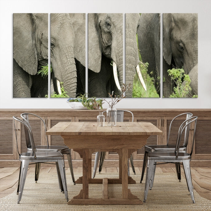 Three Elephant Wild Animal Wall Art Canvas Print Framed Piece Ready to Hang