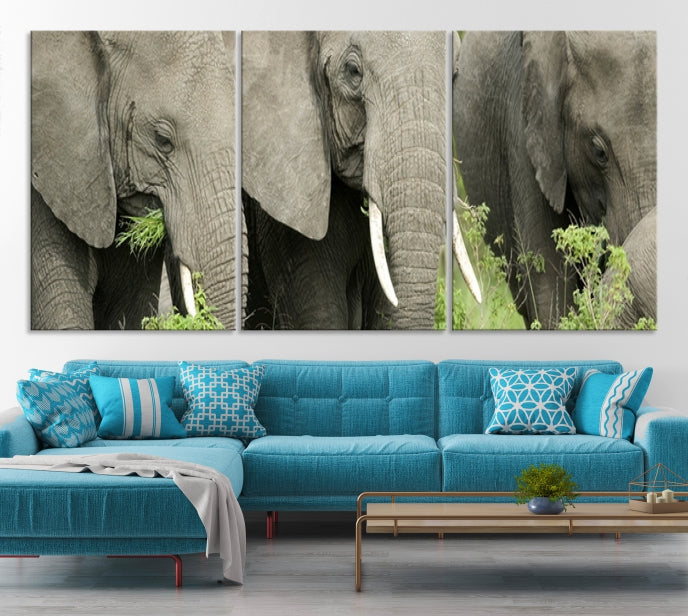 Three Elephant Wild Animal Wall Art Canvas Print Framed Piece Ready to Hang