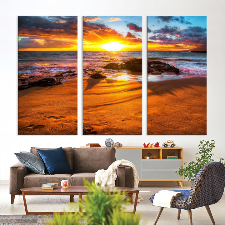 Thrilling Ocean Sunset from Beach Large Canvas Art Print for Wall Decor