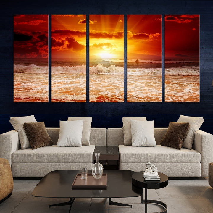 Thrilling Red Sunset over Ocean Nature Landscape Large Canvas Art Print