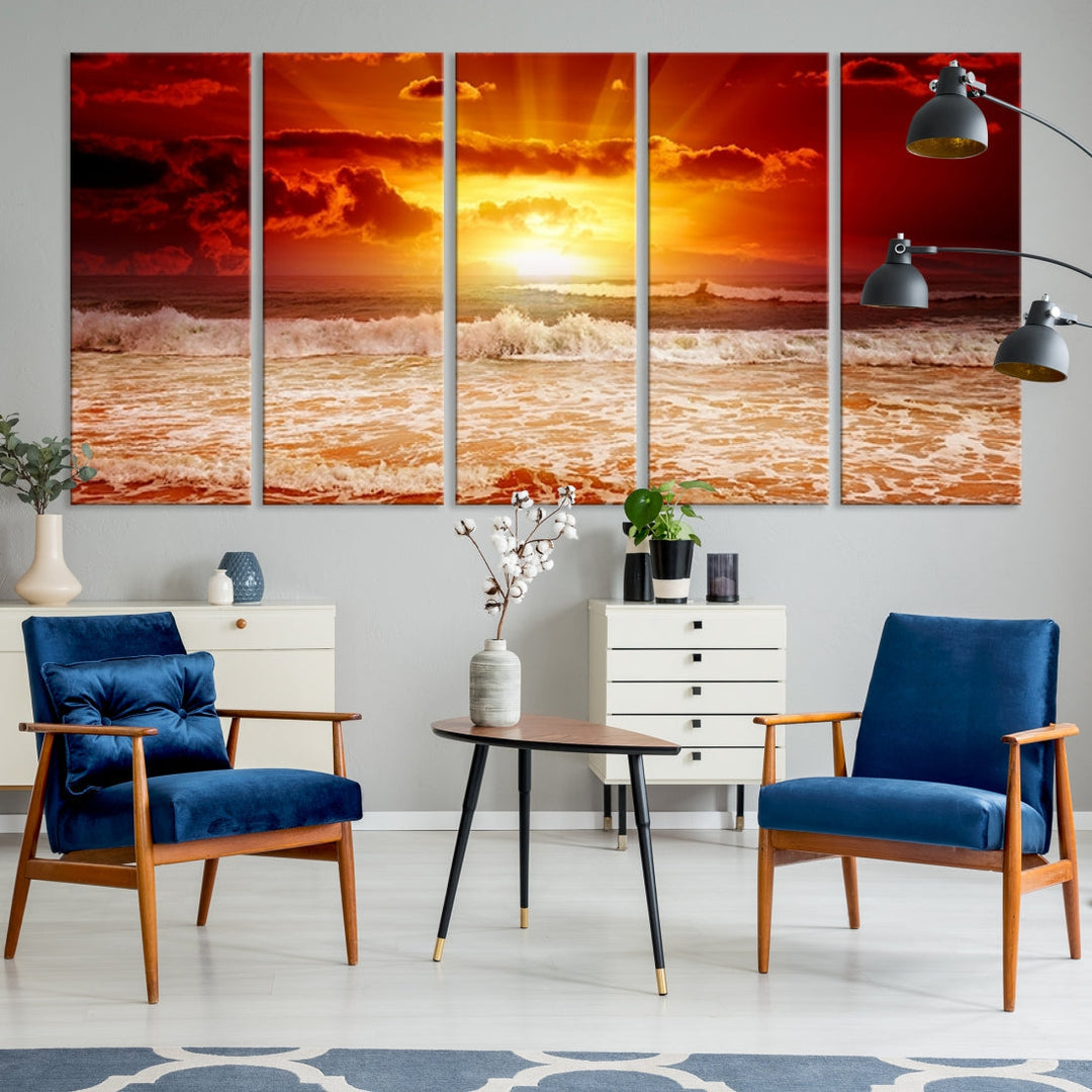 Thrilling Red Sunset over Ocean Nature Landscape Large Canvas Art Print