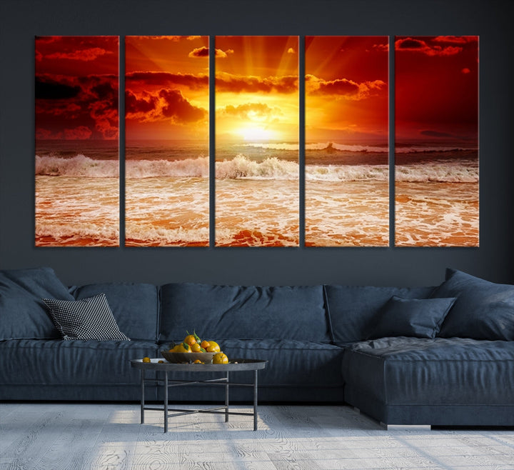 Thrilling Red Sunset over Ocean Nature Landscape Large Canvas Art Print