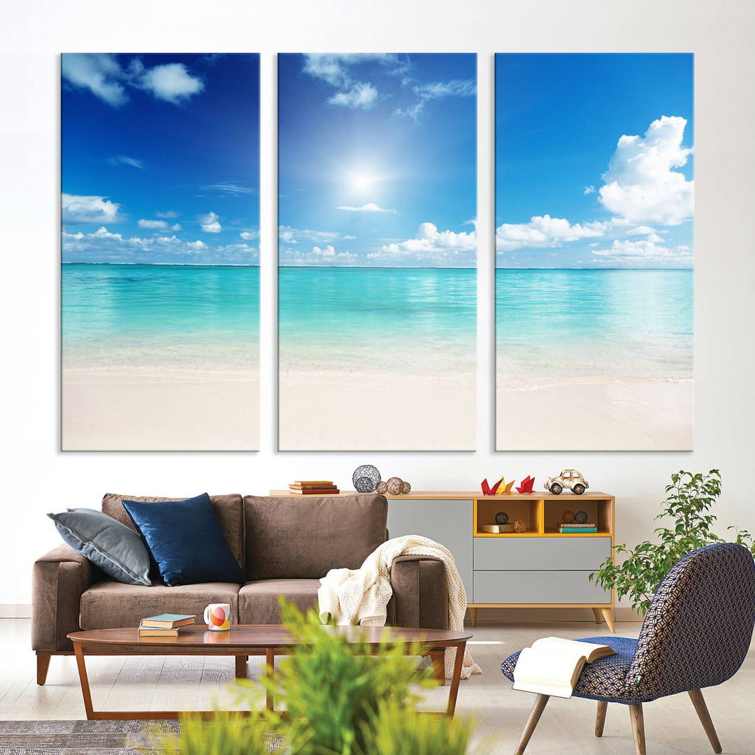 Tranquil Tropical Beach Wall Art | 3 Panel Large Canvas Print, Serene Ocean Scene for Living Room or Office – Stunning Blue Sky and Turquoise Waters