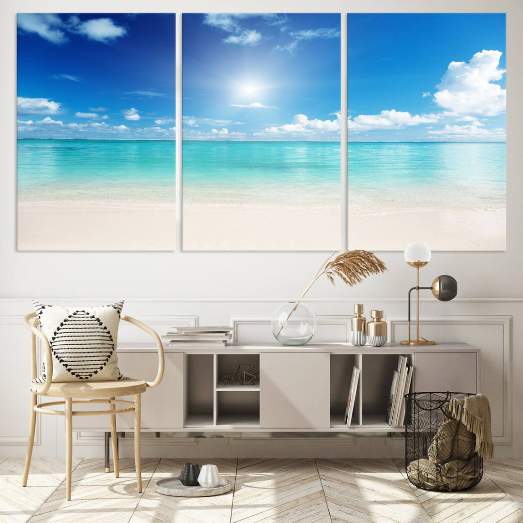 Tranquil Tropical Beach Wall Art | 3 Panel Large Canvas Print, Serene Ocean Scene for Living Room or Office – Stunning Blue Sky and Turquoise Waters