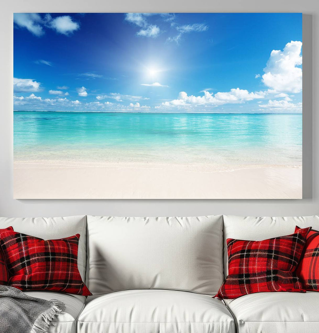 Tranquil Tropical Beach Wall Art | 3 Panel Large Canvas Print, Serene Ocean Scene for Living Room or Office – Stunning Blue Sky and Turquoise Waters