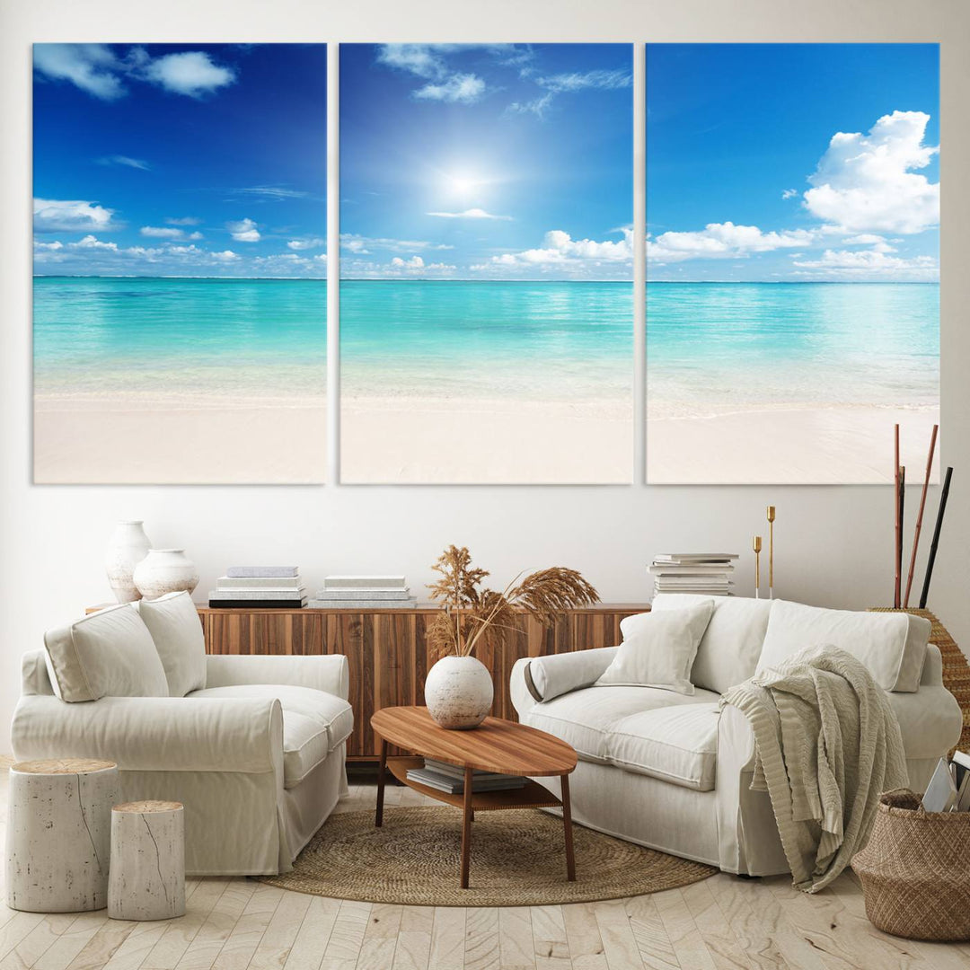 Tranquil Tropical Beach Wall Art | 3 Panel Large Canvas Print, Serene Ocean Scene for Living Room or Office – Stunning Blue Sky and Turquoise Waters