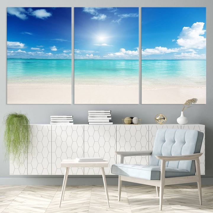 Tranquil Tropical Beach Wall Art | 3 Panel Large Canvas Print, Serene Ocean Scene for Living Room or Office – Stunning Blue Sky and Turquoise Waters