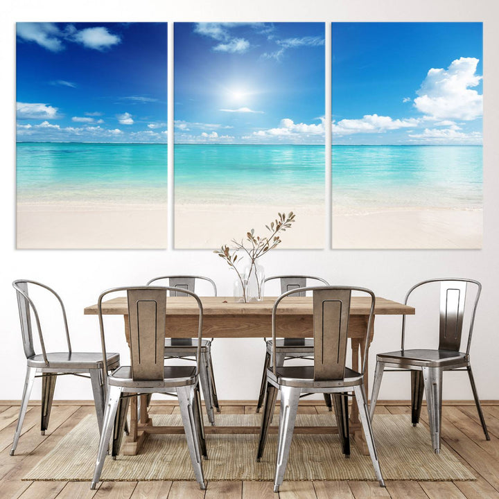 Tranquil Tropical Beach Wall Art | 3 Panel Large Canvas Print, Serene Ocean Scene for Living Room or Office – Stunning Blue Sky and Turquoise Waters