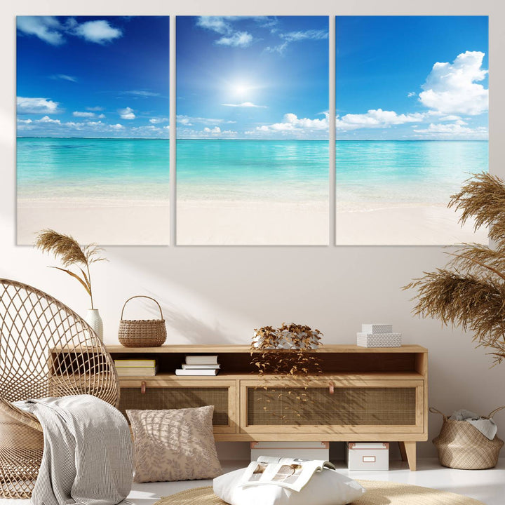 Tranquil Tropical Beach Wall Art | 3 Panel Large Canvas Print, Serene Ocean Scene for Living Room or Office – Stunning Blue Sky and Turquoise Waters