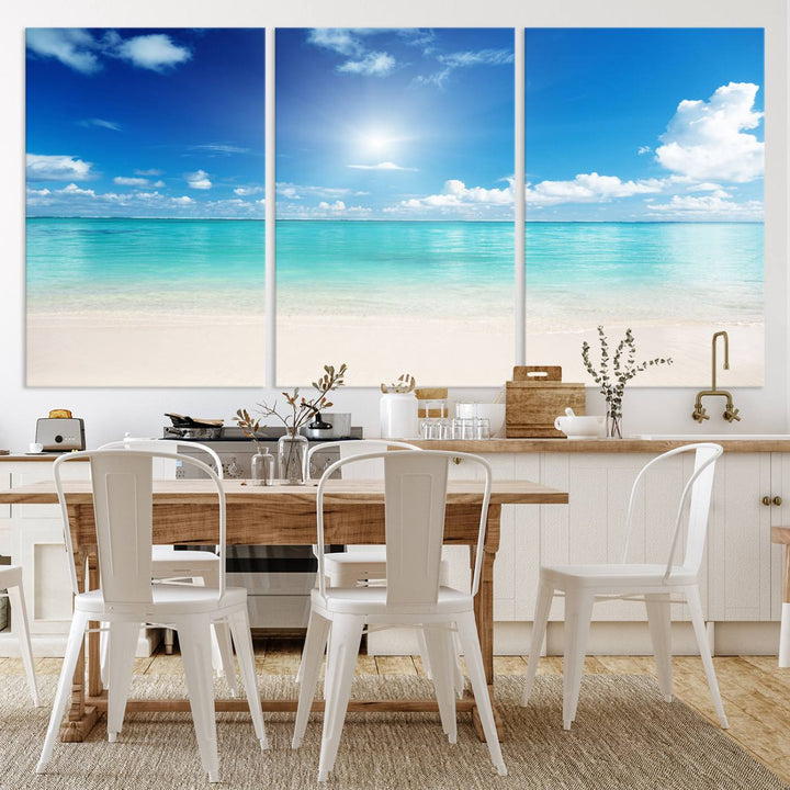 Tranquil Tropical Beach Wall Art | 3 Panel Large Canvas Print, Serene Ocean Scene for Living Room or Office – Stunning Blue Sky and Turquoise Waters