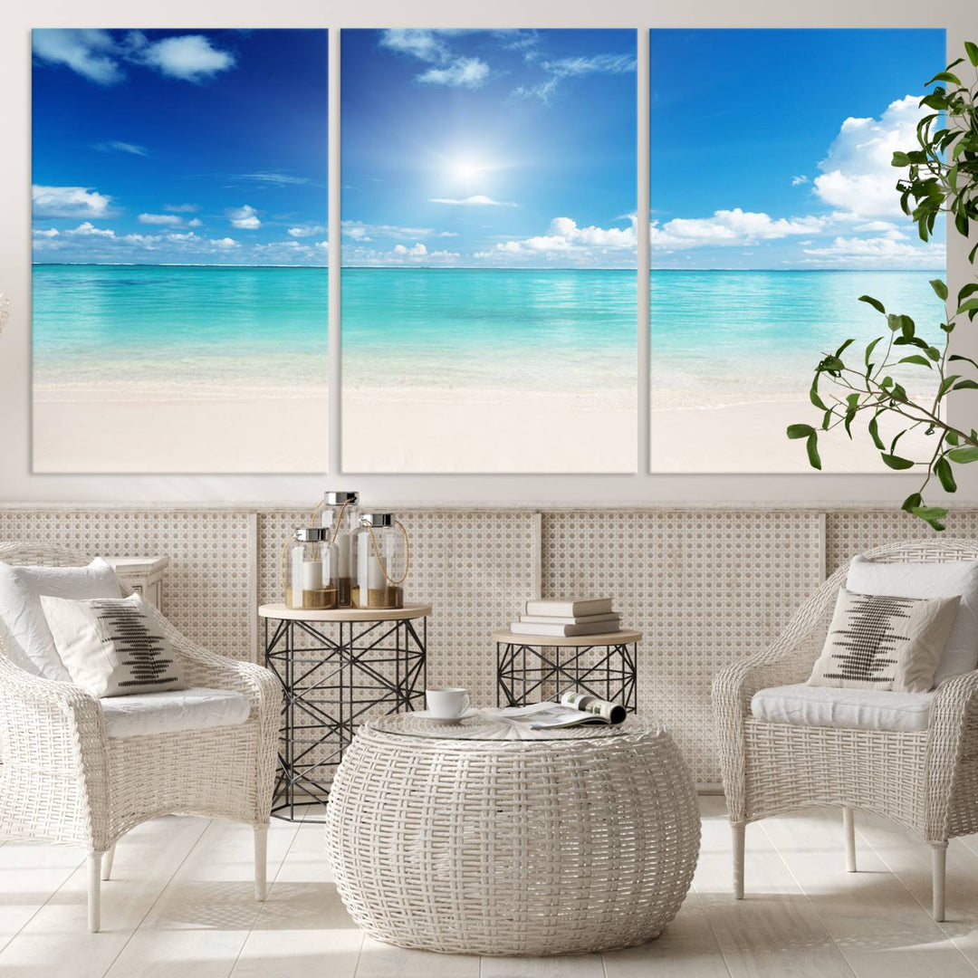 Tranquil Tropical Beach Wall Art | 3 Panel Large Canvas Print, Serene Ocean Scene for Living Room or Office – Stunning Blue Sky and Turquoise Waters