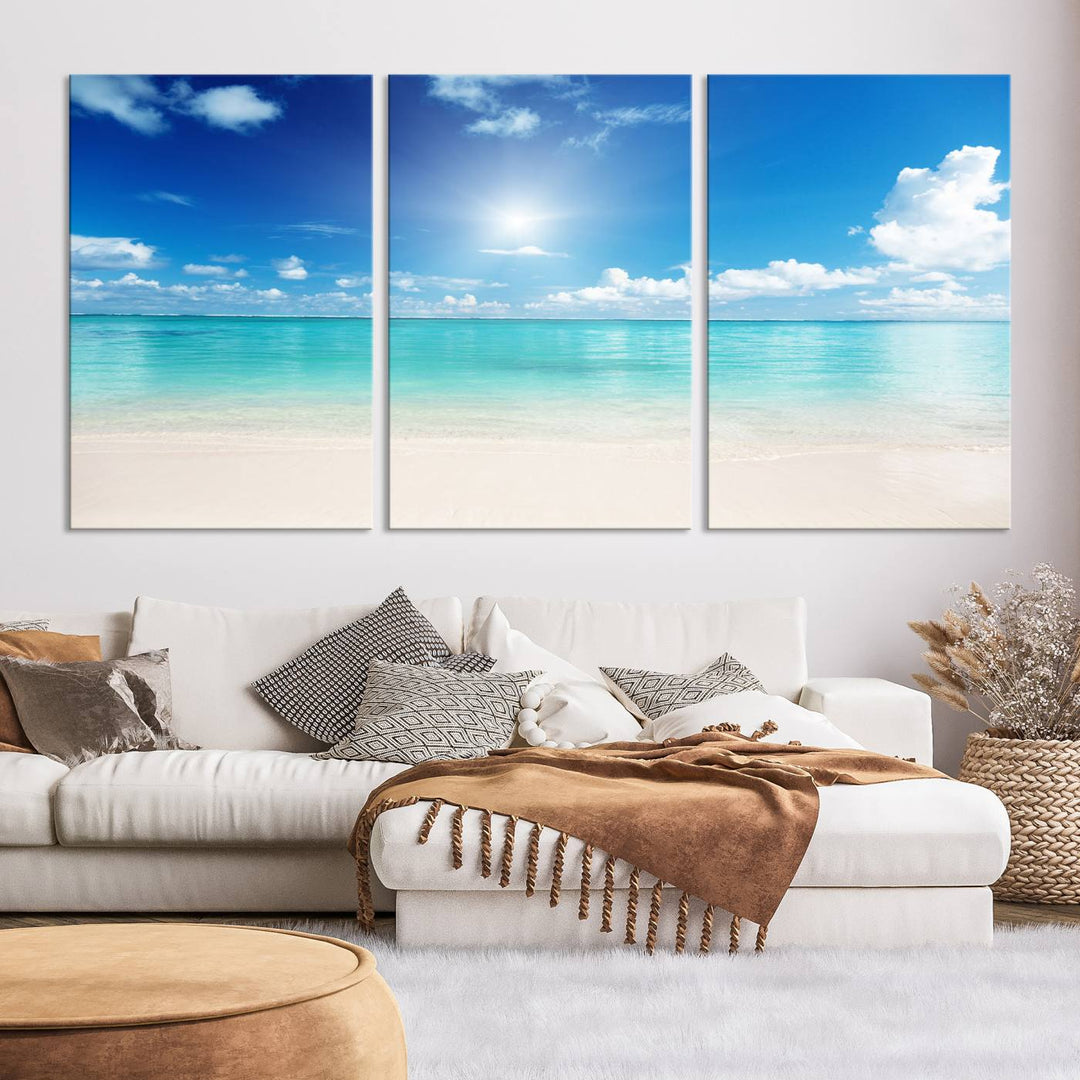 Tranquil Tropical Beach Wall Art | 3 Panel Large Canvas Print, Serene Ocean Scene for Living Room or Office – Stunning Blue Sky and Turquoise Waters