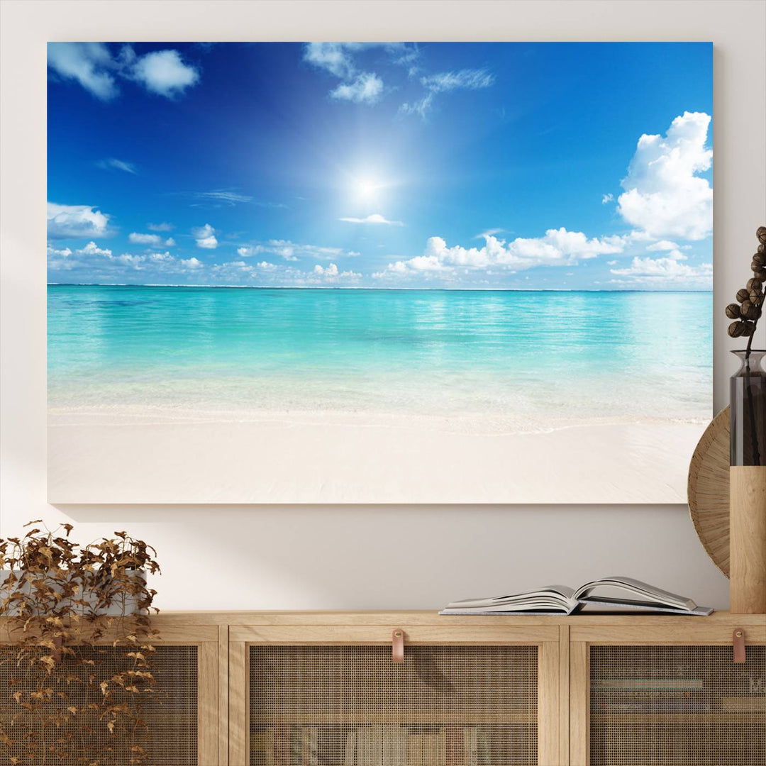 Tranquil Tropical Beach Wall Art | 3 Panel Large Canvas Print, Serene Ocean Scene for Living Room or Office – Stunning Blue Sky and Turquoise Waters