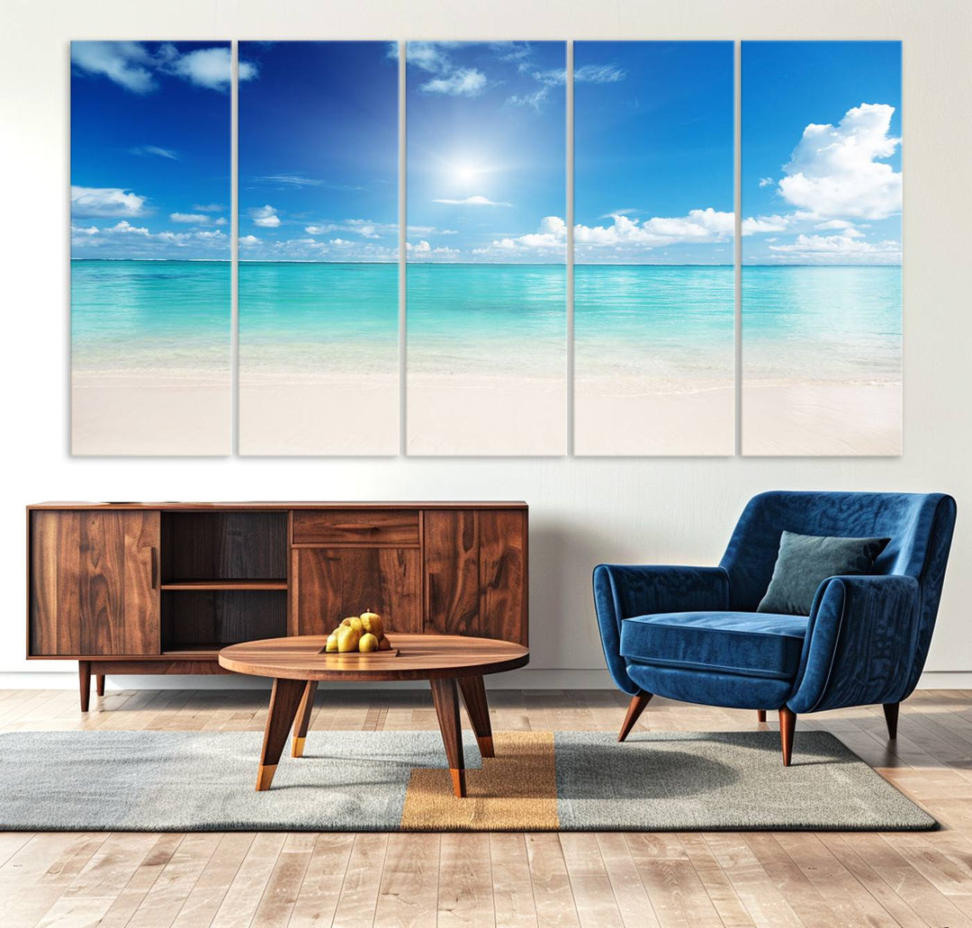 Tranquil Tropical Beach Wall Art | 3 Panel Large Canvas Print, Serene Ocean Scene for Living Room or Office – Stunning Blue Sky and Turquoise Waters