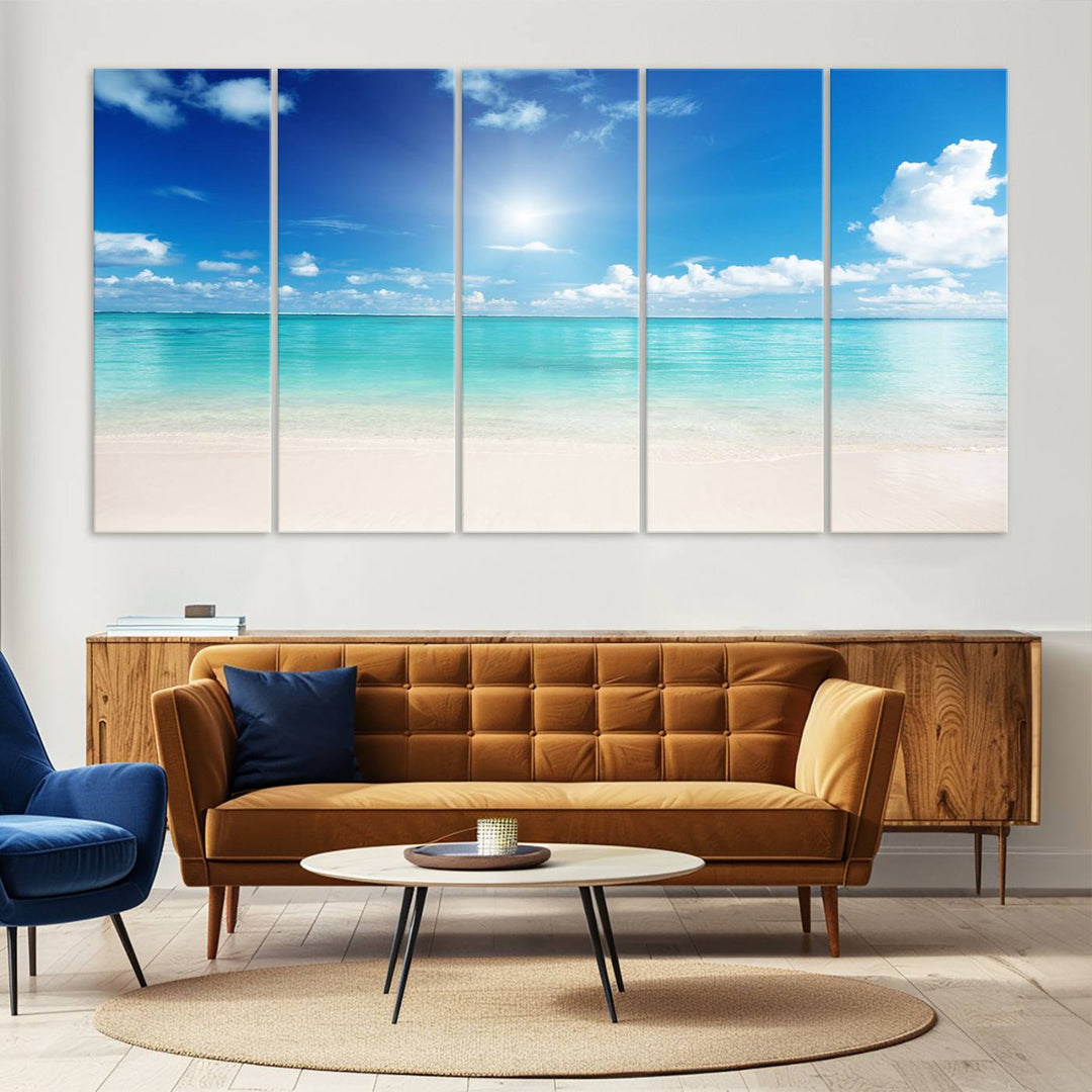 Tranquil Tropical Beach Wall Art | 3 Panel Large Canvas Print, Serene Ocean Scene for Living Room or Office – Stunning Blue Sky and Turquoise Waters