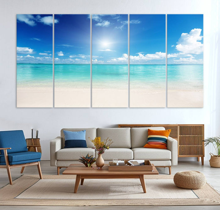 Tranquil Tropical Beach Wall Art | 3 Panel Large Canvas Print, Serene Ocean Scene for Living Room or Office – Stunning Blue Sky and Turquoise Waters