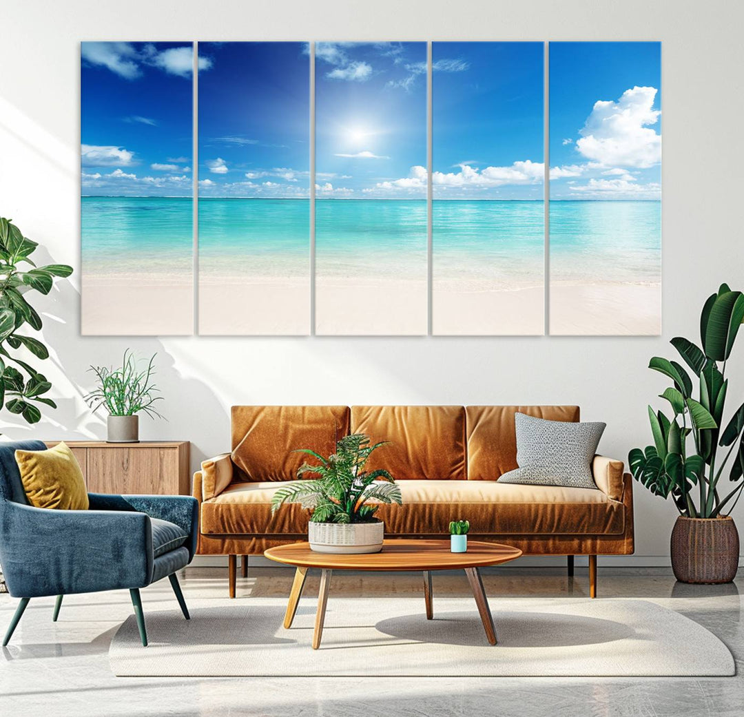 Tranquil Tropical Beach Wall Art | 3 Panel Large Canvas Print, Serene Ocean Scene for Living Room or Office – Stunning Blue Sky and Turquoise Waters