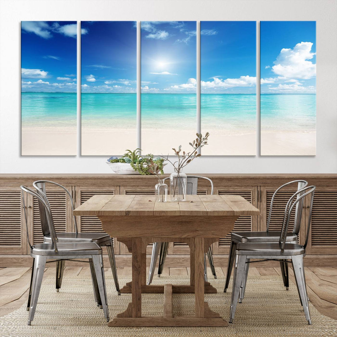 Tranquil Tropical Beach Wall Art | 3 Panel Large Canvas Print, Serene Ocean Scene for Living Room or Office – Stunning Blue Sky and Turquoise Waters