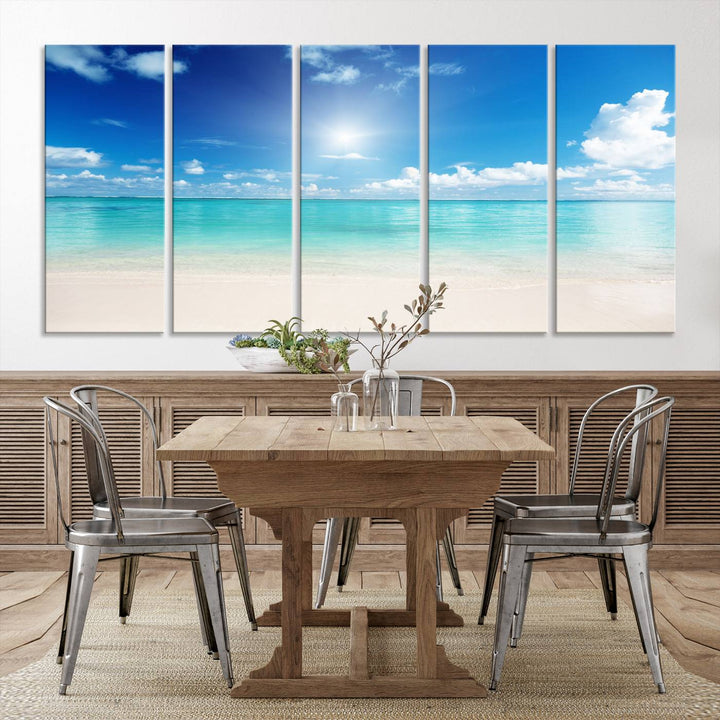 Tranquil Tropical Beach Wall Art | 3 Panel Large Canvas Print, Serene Ocean Scene for Living Room or Office – Stunning Blue Sky and Turquoise Waters