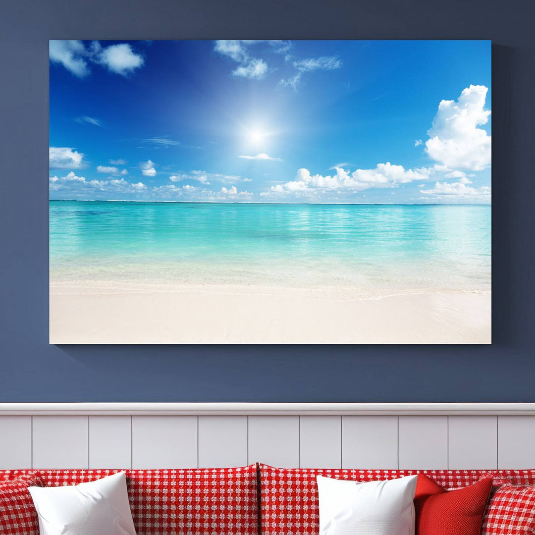 Tranquil Tropical Beach Wall Art | 3 Panel Large Canvas Print, Serene Ocean Scene for Living Room or Office – Stunning Blue Sky and Turquoise Waters