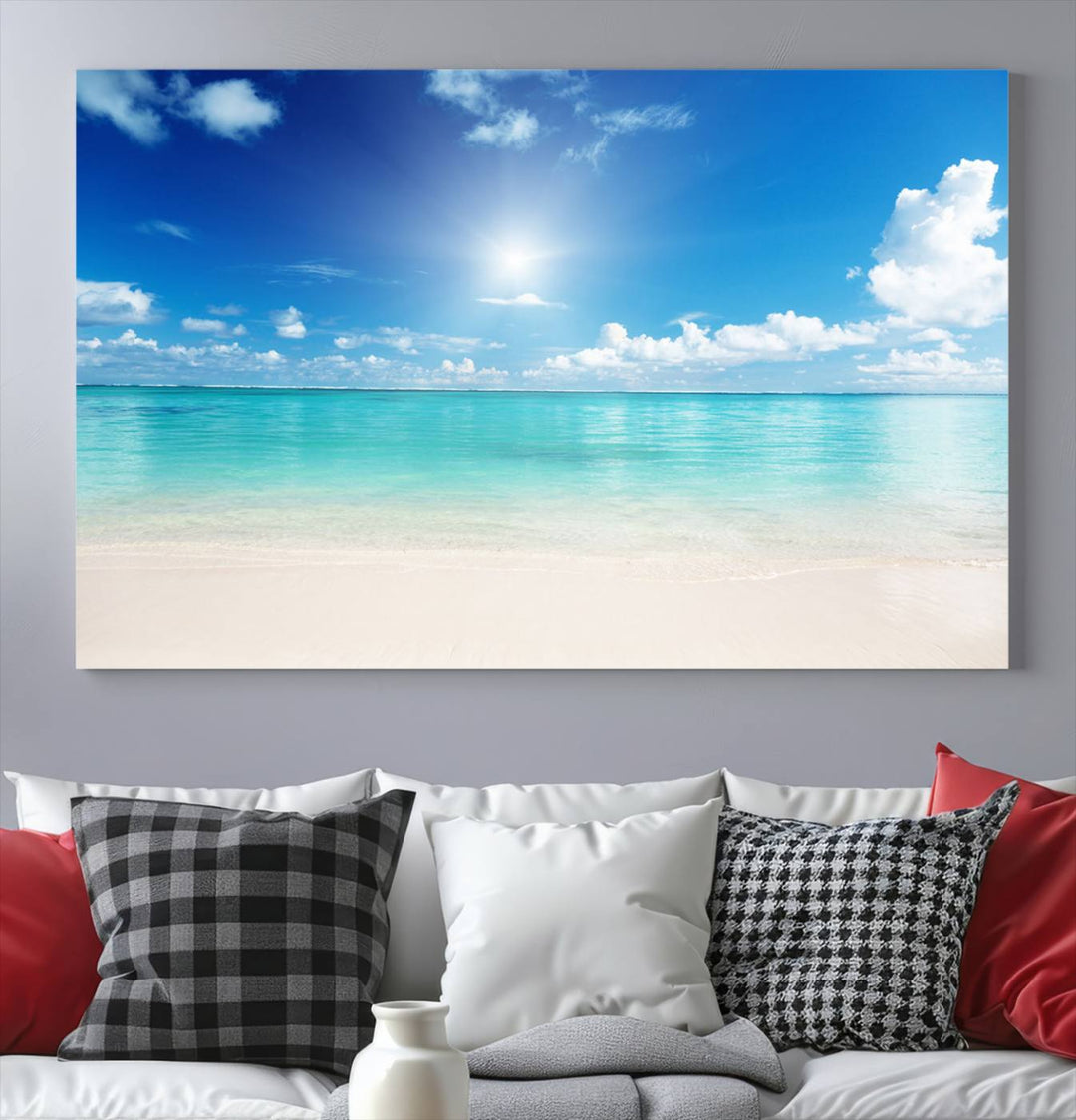 Tranquil Tropical Beach Wall Art | 3 Panel Large Canvas Print, Serene Ocean Scene for Living Room or Office – Stunning Blue Sky and Turquoise Waters