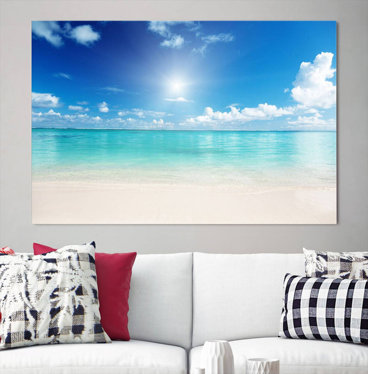 Tranquil Tropical Beach Wall Art | 3 Panel Large Canvas Print, Serene Ocean Scene for Living Room or Office – Stunning Blue Sky and Turquoise Waters