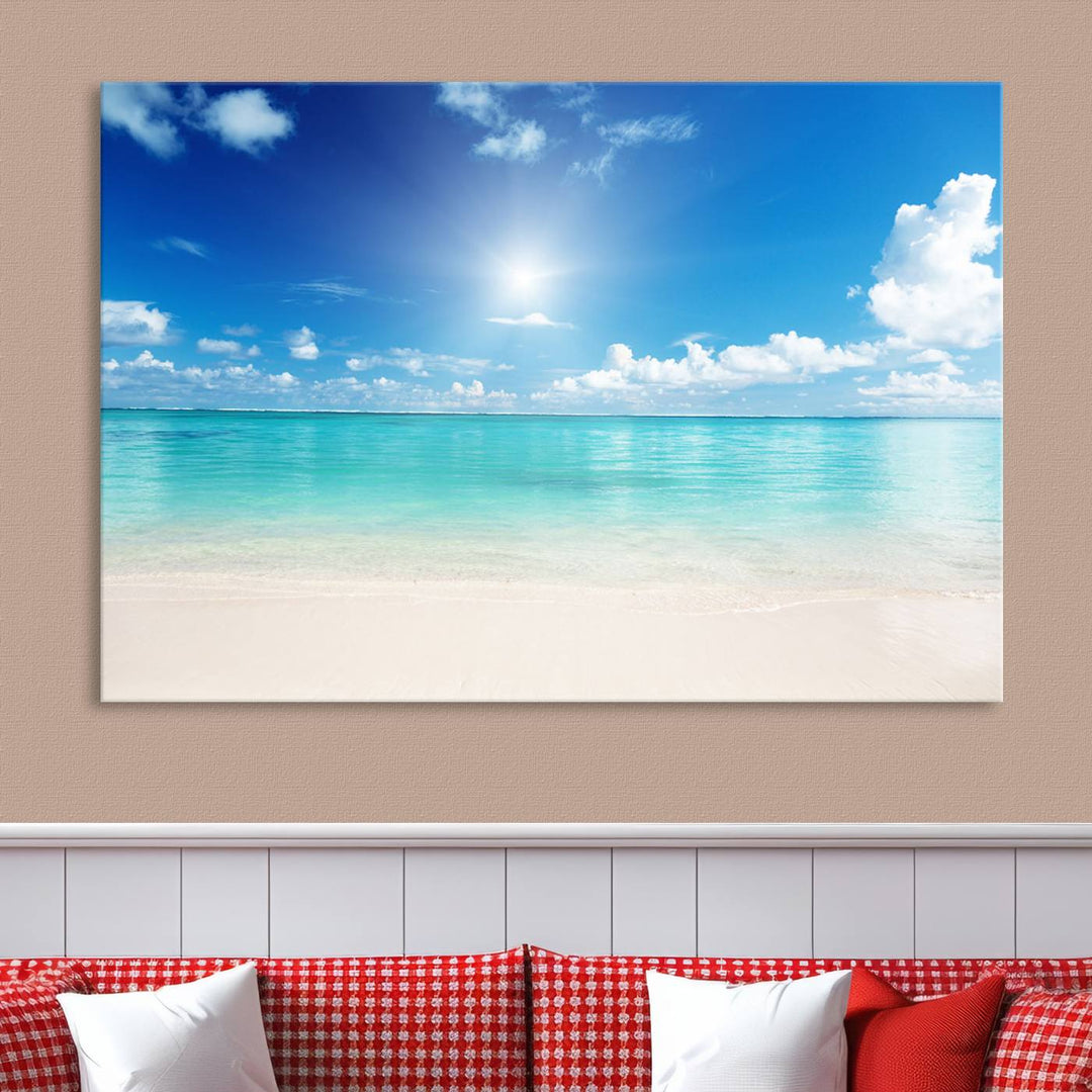 Tranquil Tropical Beach Wall Art | 3 Panel Large Canvas Print, Serene Ocean Scene for Living Room or Office – Stunning Blue Sky and Turquoise Waters