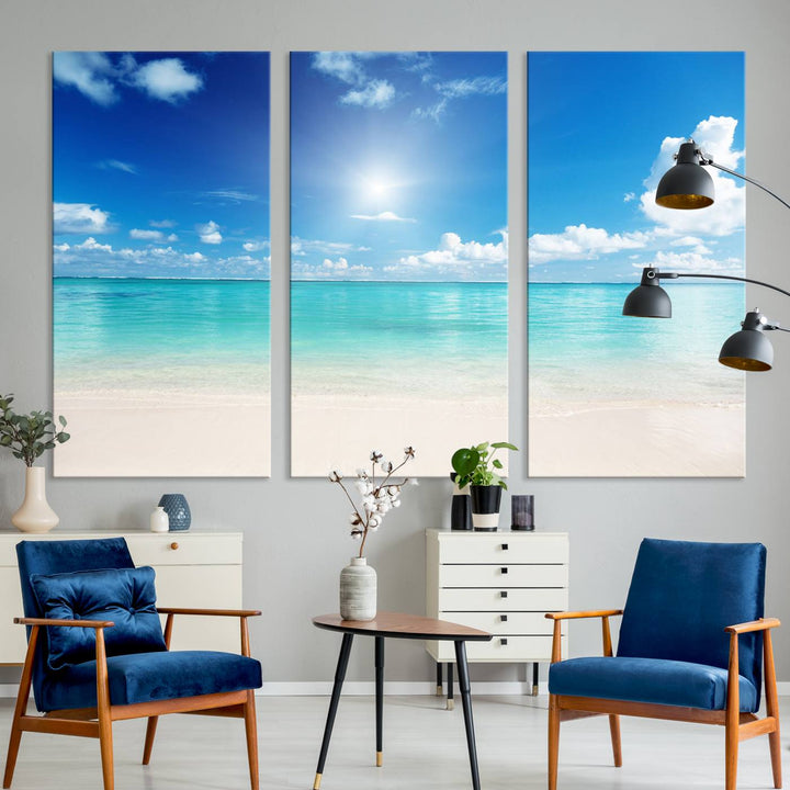 Tranquil Tropical Beach Wall Art | 3 Panel Large Canvas Print, Serene Ocean Scene for Living Room or Office – Stunning Blue Sky and Turquoise Waters