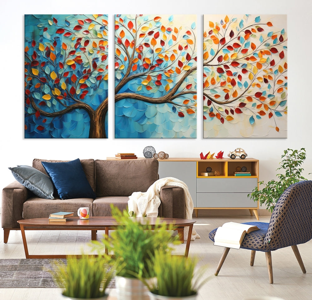 Tree Painting on Canvas Printed Wall Art Yellow Red Leaves Abstract Print