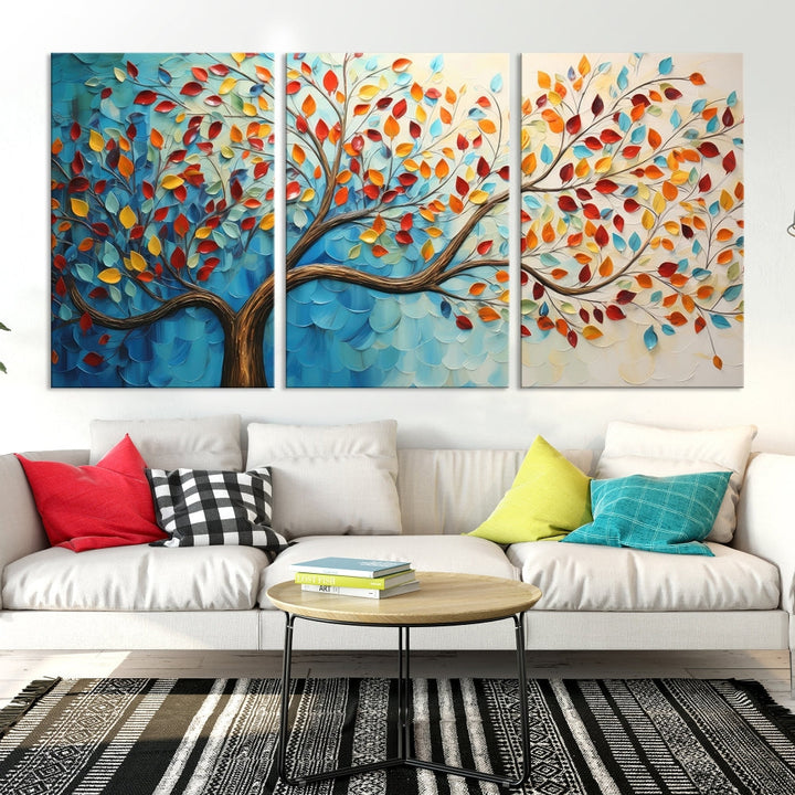 Tree Painting on Canvas Printed Wall Art Yellow Red Leaves Abstract Print