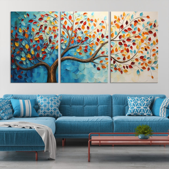 Tree Painting on Canvas Printed Wall Art Yellow Red Leaves Abstract Print