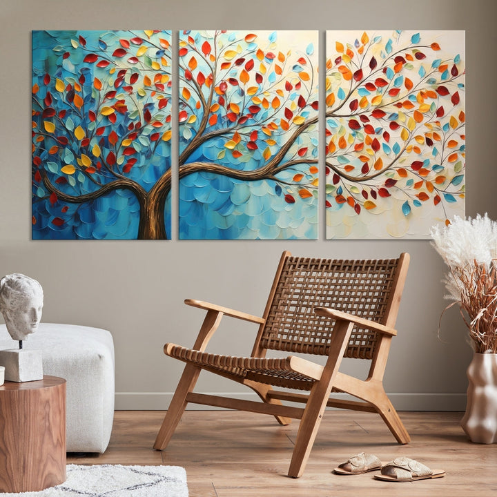 Tree Painting on Canvas Printed Wall Art Yellow Red Leaves Abstract Print