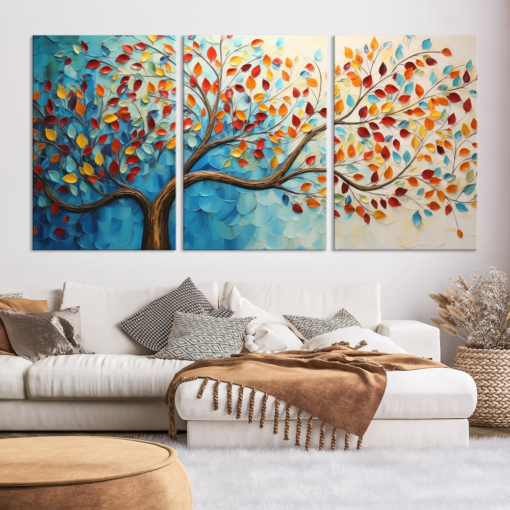 Tree Painting on Canvas Printed Wall Art Yellow Red Leaves Abstract Print