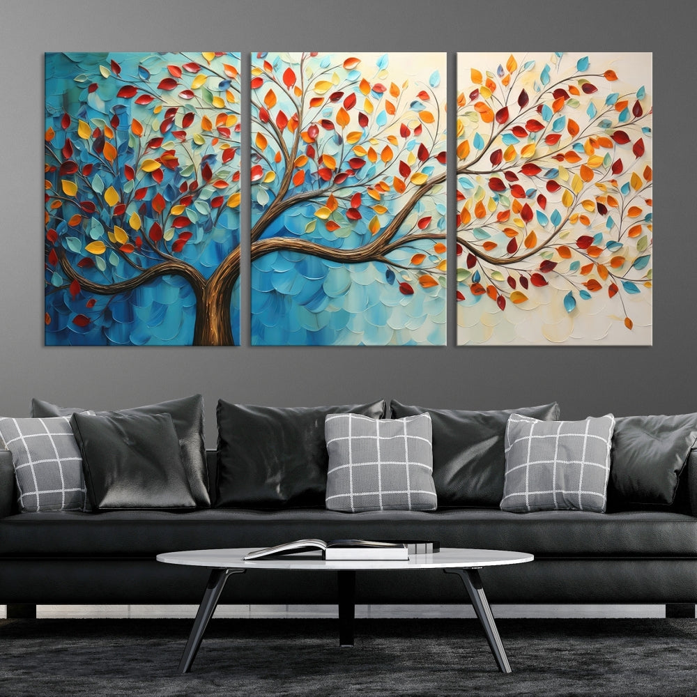 Tree Painting on Canvas Printed Wall Art Yellow Red Leaves Abstract Print