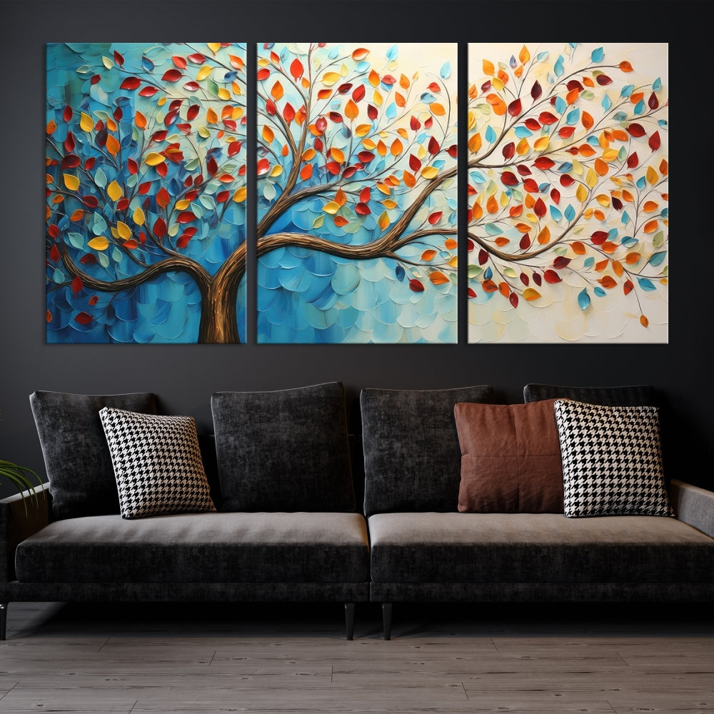 Tree Painting on Canvas Printed Wall Art Yellow Red Leaves Abstract Print