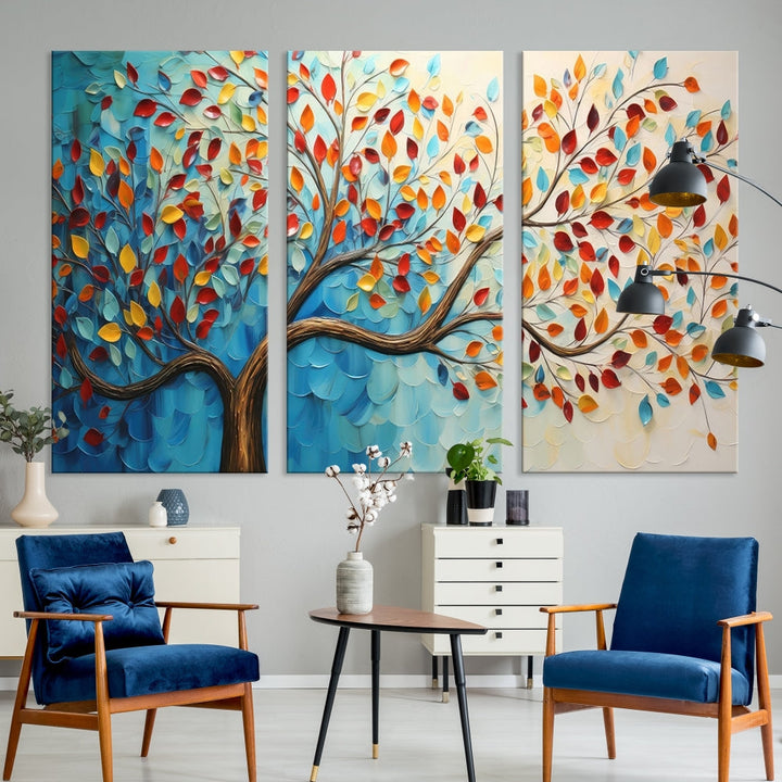 Tree Painting on Canvas Printed Wall Art Yellow Red Leaves Abstract Print