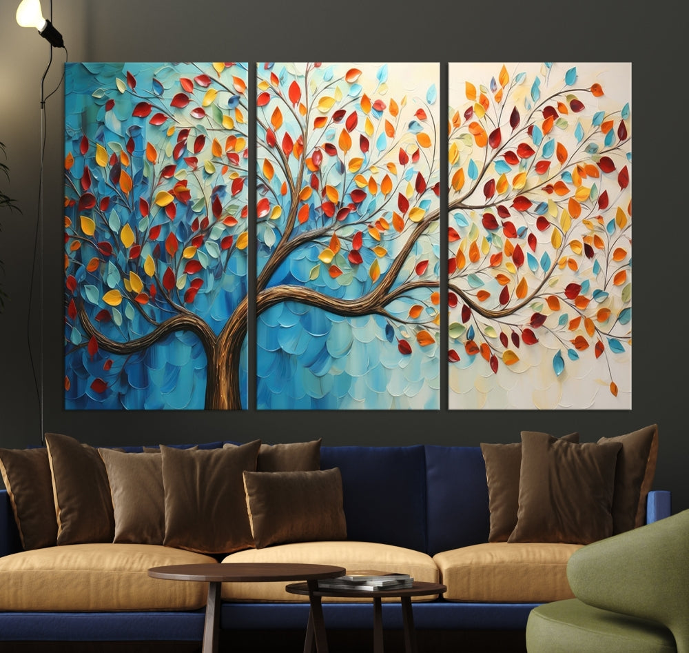 Tree Painting on Canvas Printed Wall Art Yellow Red Leaves Abstract Print