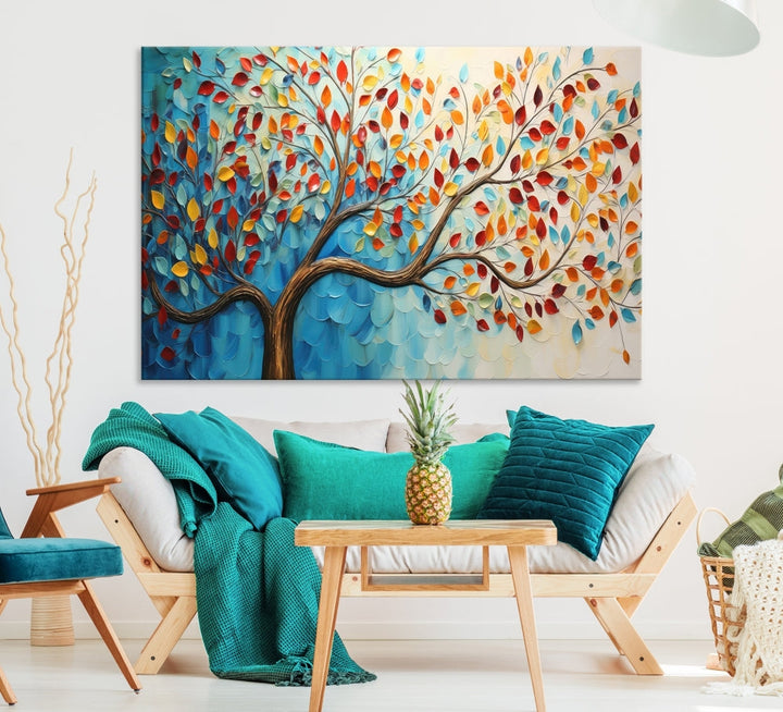 Tree Painting on Canvas Printed Wall Art Yellow Red Leaves Abstract Print