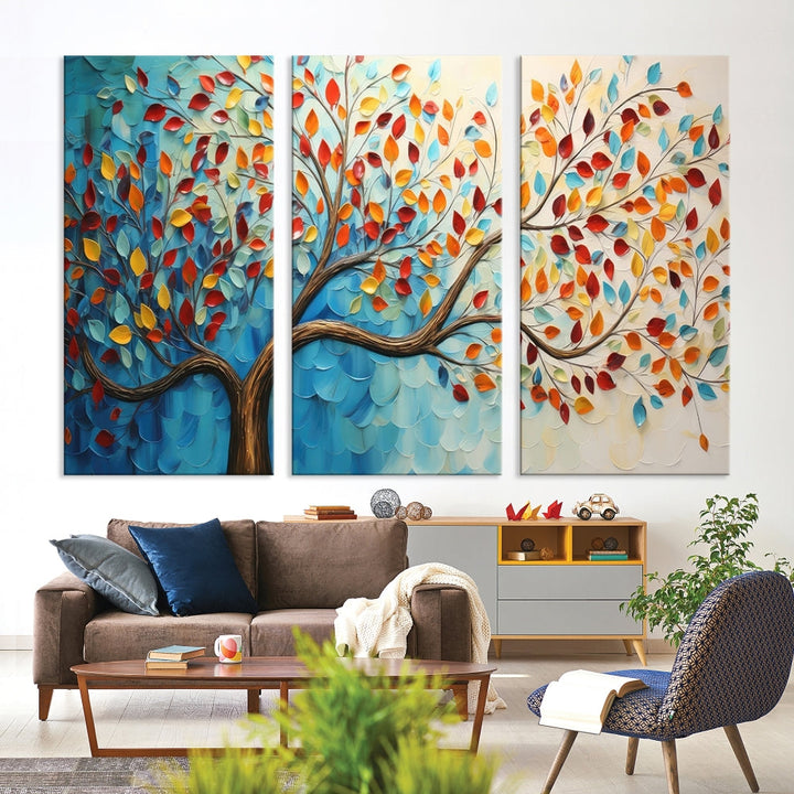 Tree Painting on Canvas Printed Wall Art Yellow Red Leaves Abstract Print