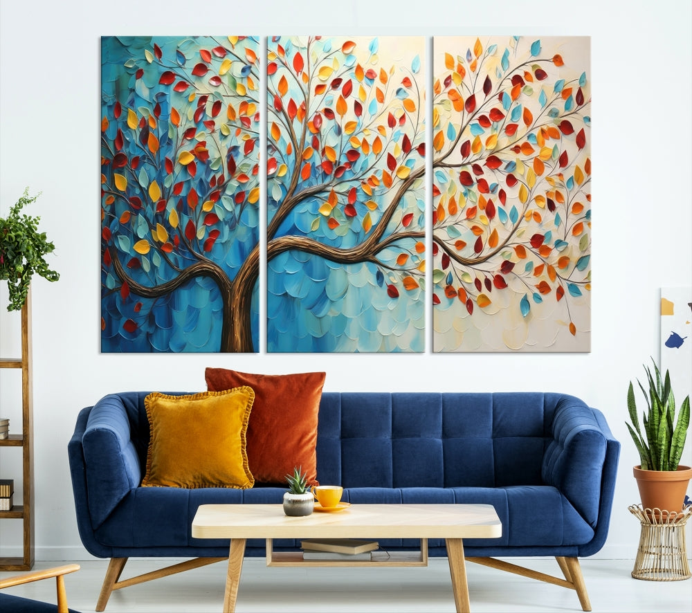 Tree Painting on Canvas Printed Wall Art Yellow Red Leaves Abstract Print