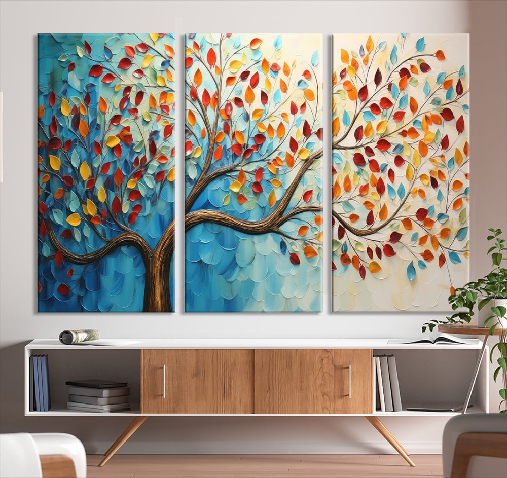 Tree Painting on Canvas Printed Wall Art Yellow Red Leaves Abstract Print