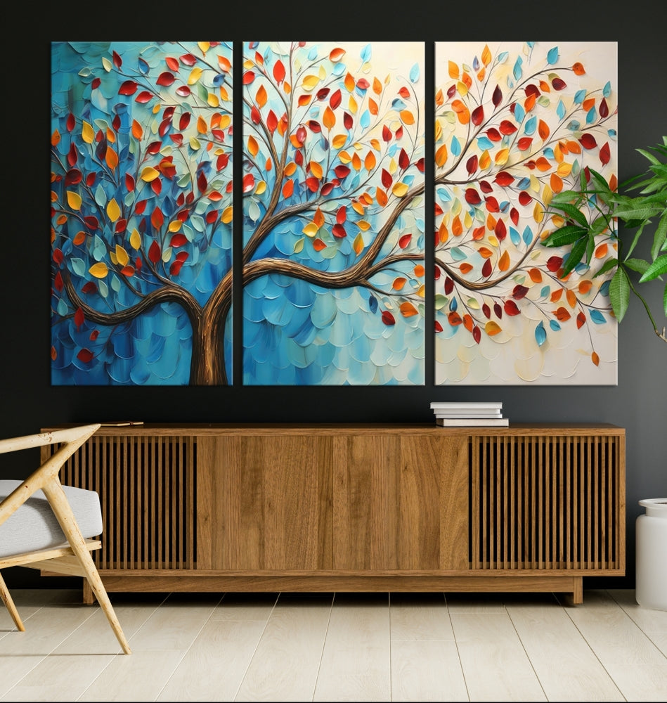 Tree Painting on Canvas Printed Wall Art Yellow Red Leaves Abstract Print