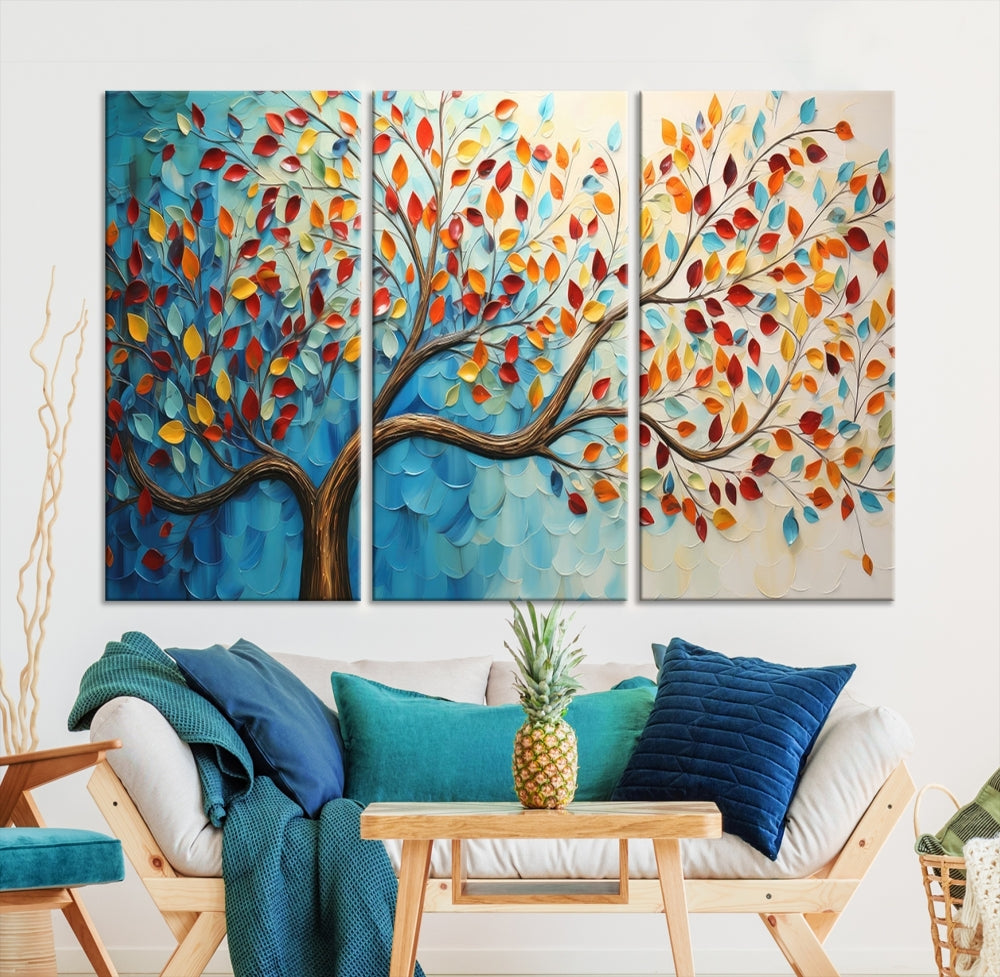 Tree Painting on Canvas Printed Wall Art Yellow Red Leaves Abstract Print