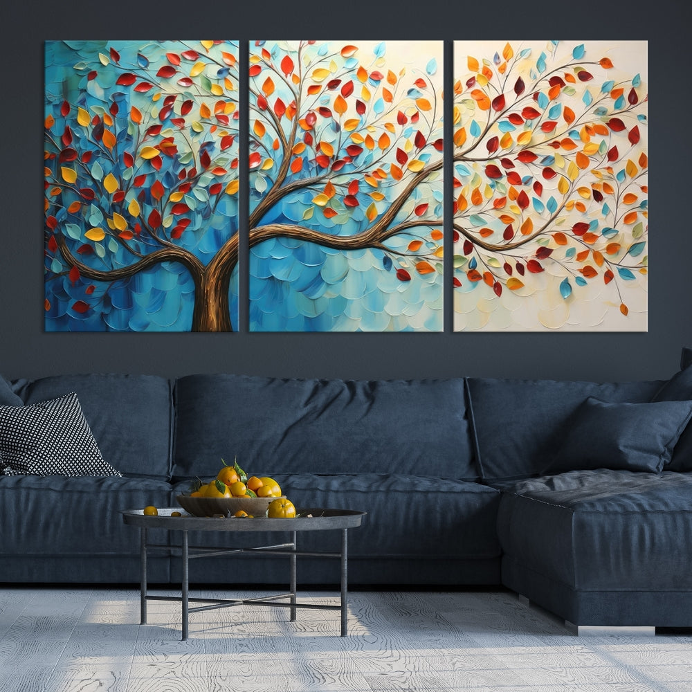 Tree Painting on Canvas Printed Wall Art Yellow Red Leaves Abstract Print