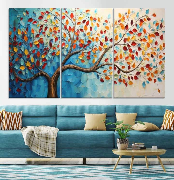 Tree Painting on Canvas Printed Wall Art Yellow Red Leaves Abstract Print