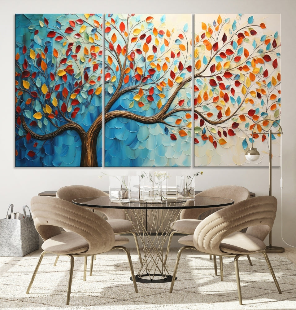 Tree Painting on Canvas Printed Wall Art Yellow Red Leaves Abstract Print