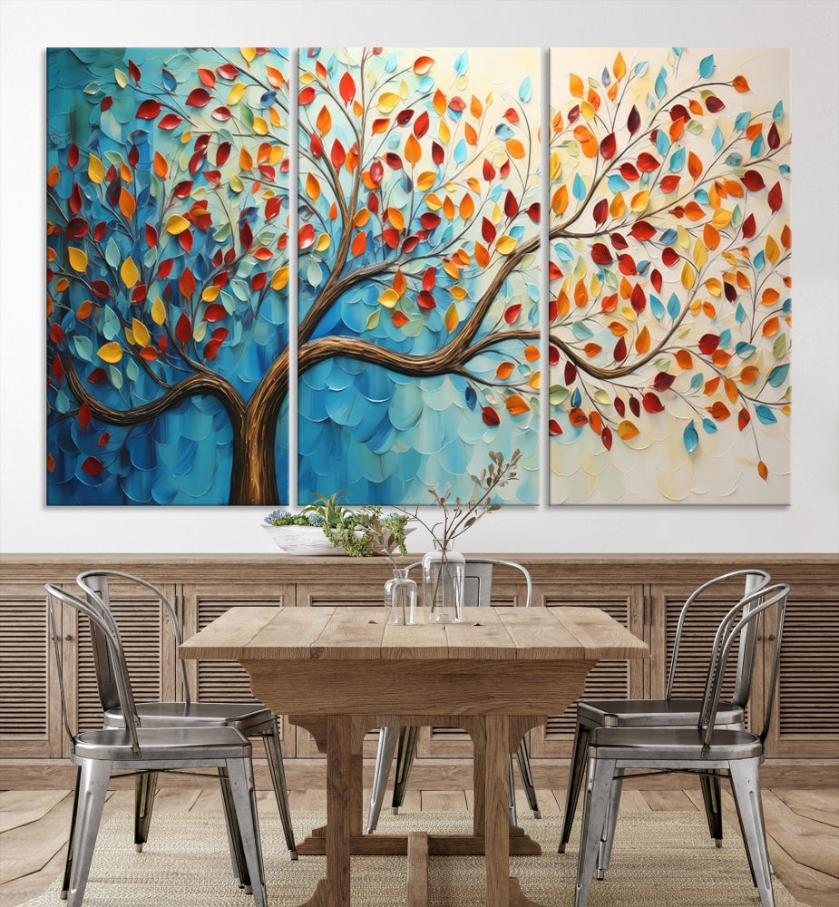 Tree Painting on Canvas Printed Wall Art Yellow Red Leaves Abstract Print